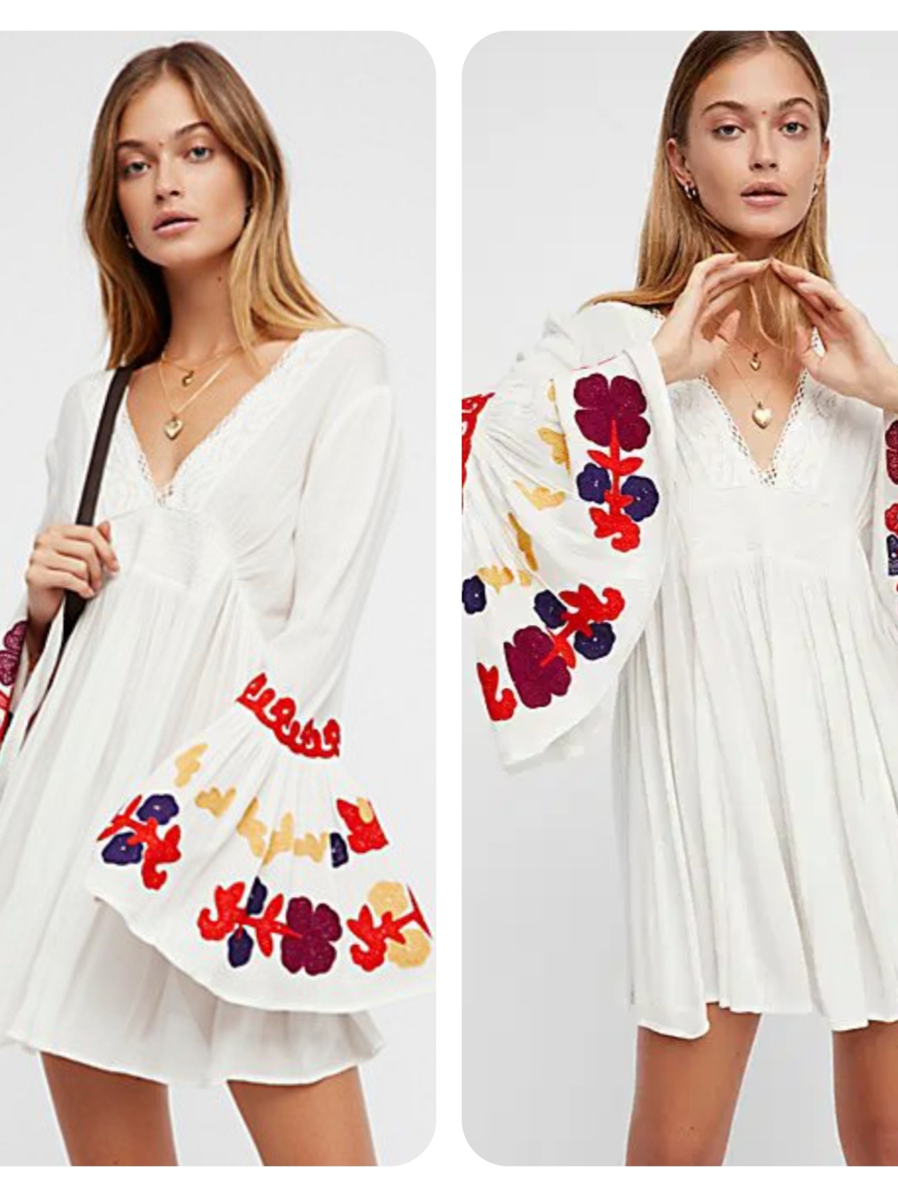 Free People Lace Floral Embroidered Bell Sleeve Tunic Mini Dress White Small